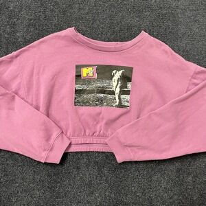 MTV Sweatshirt Womens Large Pink Cropped Pullover Moonman Graphic Logo Top
